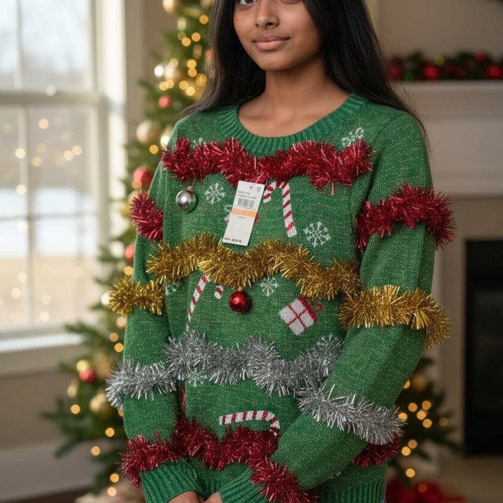 Planet Gold Green and Red Christmas Sweater Size Small